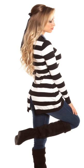 Trendy fine knit long jumper + jeans collar Black